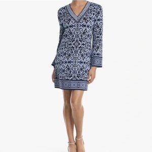 WHBM women L dress blue long sleeve embroidered garden chemise career academia